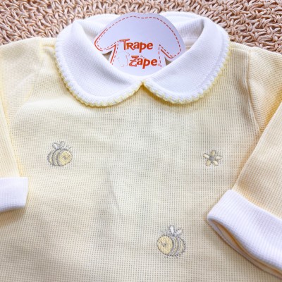  Macacão Tricotil (Tricot 100% Algodão) com Gola e Bordado - Abelhinhas - Amarelo